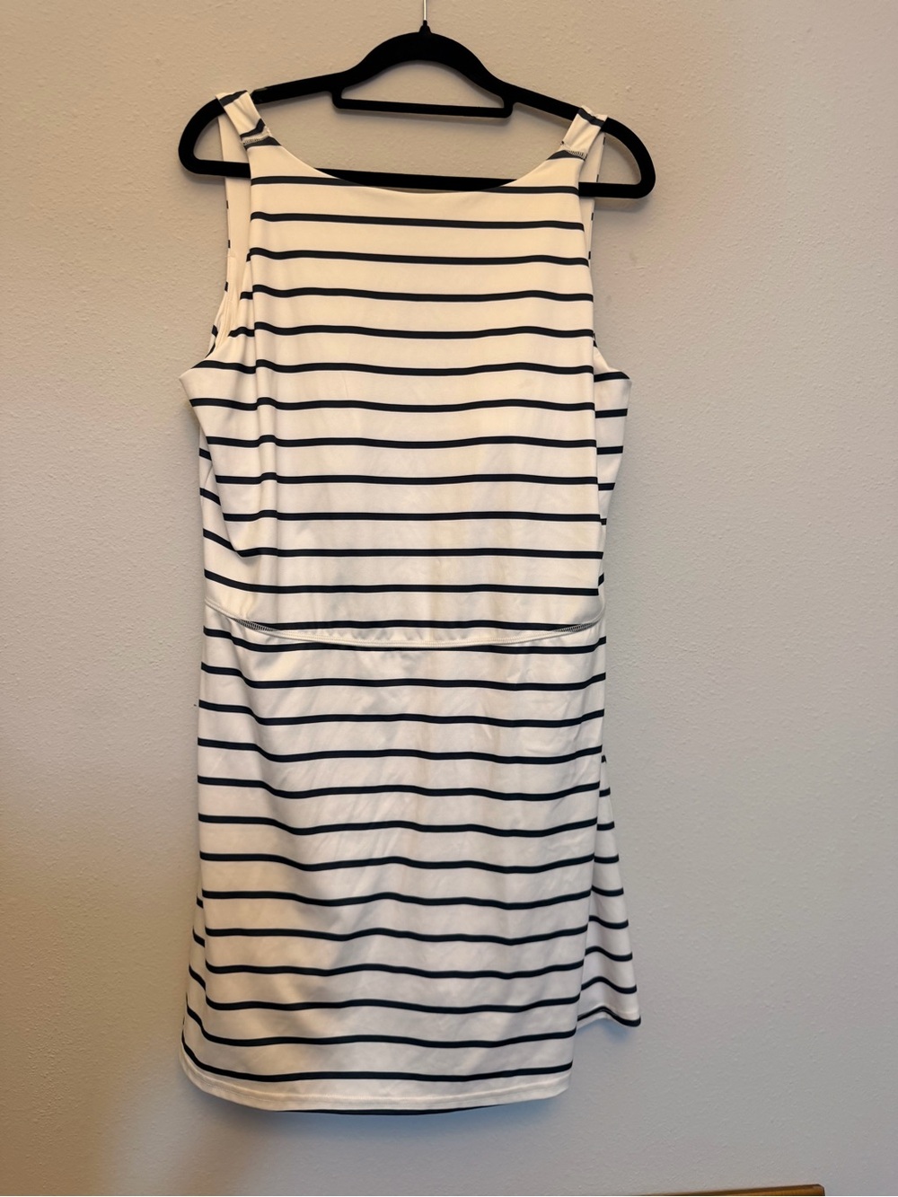all in motion White & Navy Striped Sleeveless Mini Dress